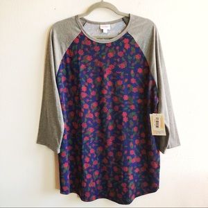 LuLaRoe Randy Tee Floral Body Raglan 3/4 Sleeve Top Grey Blue Pink Green 2X BNWT